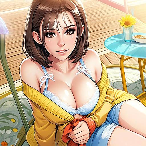 Anime Woman in Blue Lace Bra and Yellow Cardigan by Deckside Table