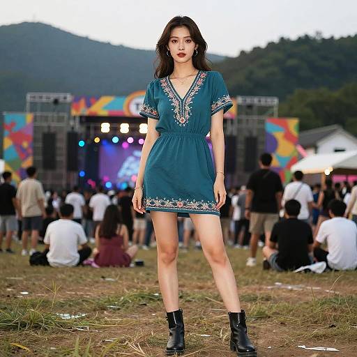 Athletic Woman in Teal Embroidered Short Dress at Outdoor Festival