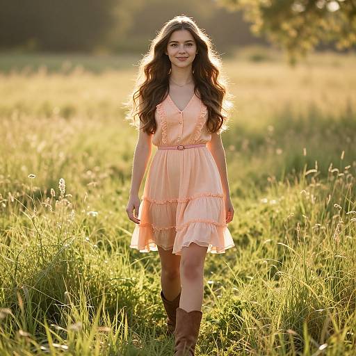 Young Woman Walking in Sunlit Field Wearing Peach Dress