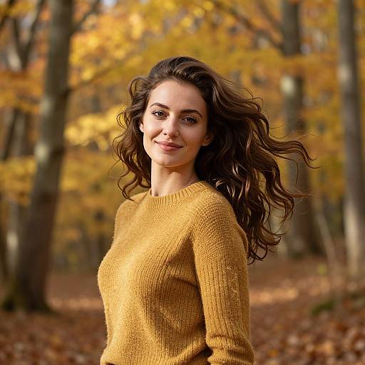 Young Woman in Mustard Sweater Amid Autumn Forest