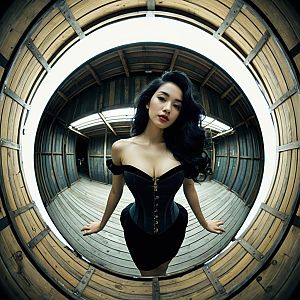 Fisheye Portrait of Woman in Black Corset Dress Inside Wooden Circular Structure
