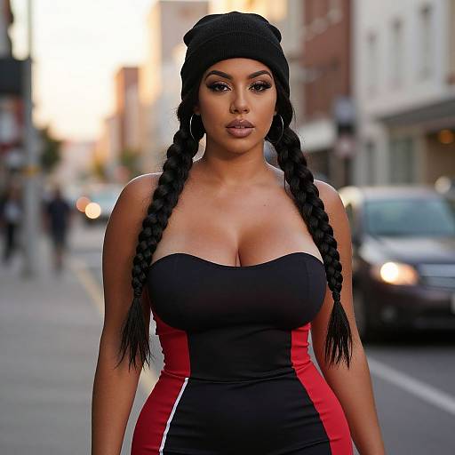 Confident Woman in Black Beanie and Strapless Dress on City Street