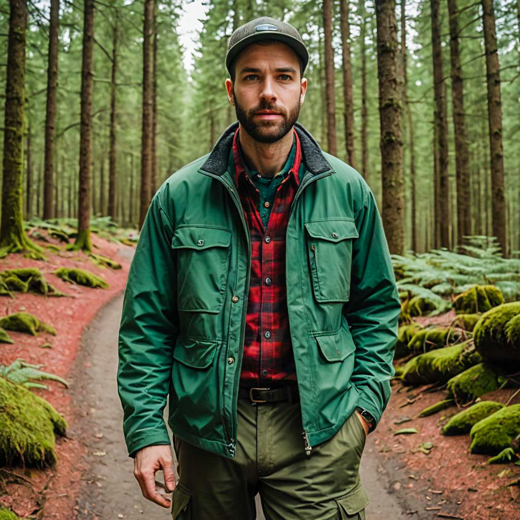 Man Exploring Forest Trail in Green Jacket and Plaid Shirt