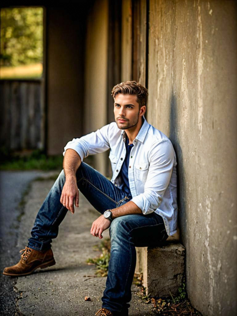 Stylish Young Man in Denim Against Textured Wall