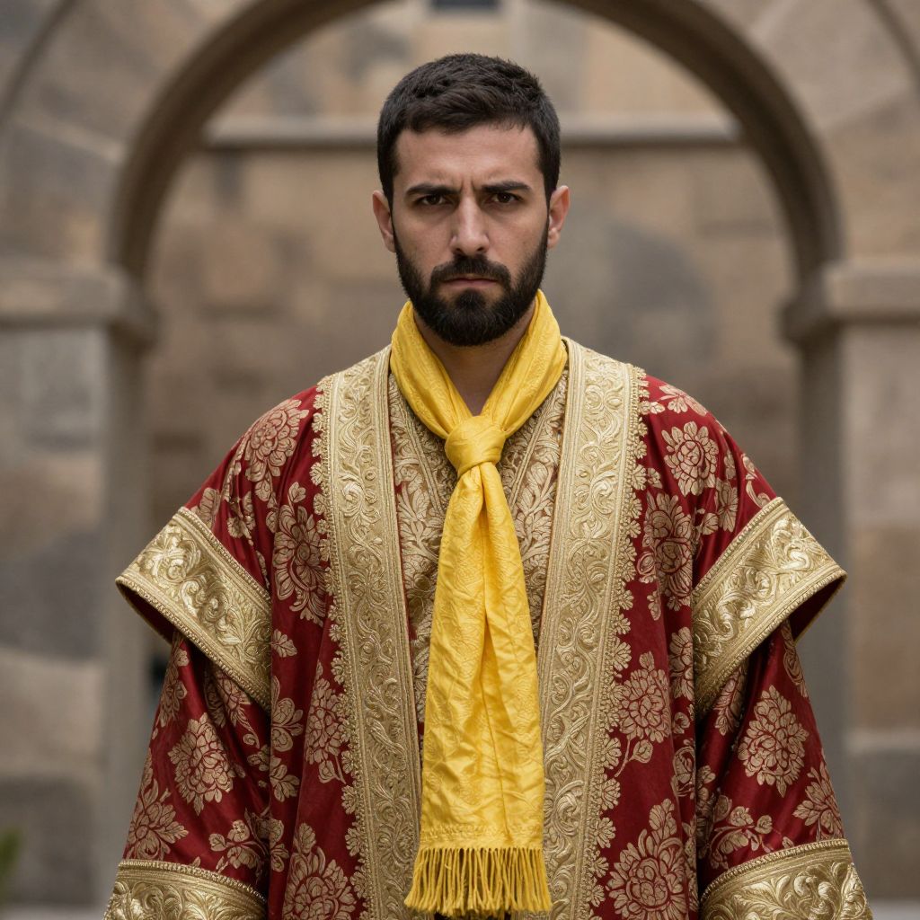Man Wearing Ornate Traditional Robe with Yellow Scarf in Historic Setting