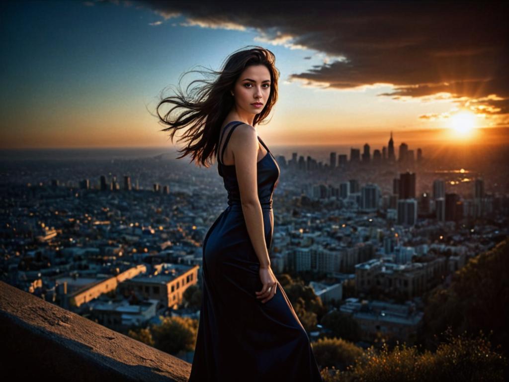 Elegant Woman in Evening Dress Overlooking City at Sunset