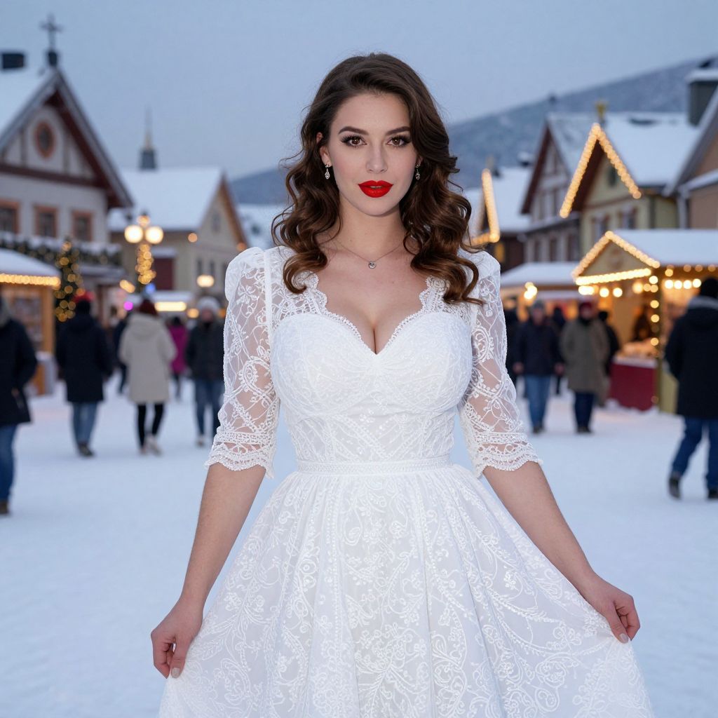 Elegant Woman in White Lace Dress at Snowy Village Market