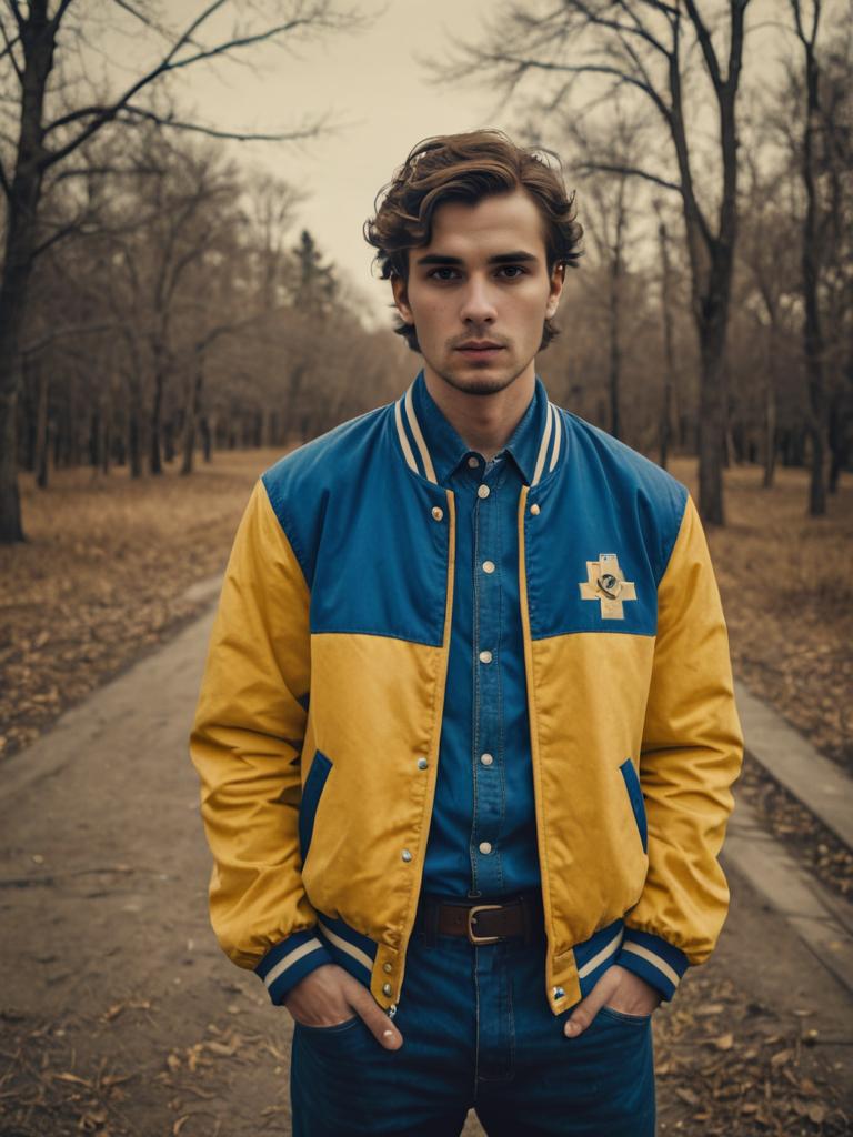 Man in Vintage Varsity Jacket in Autumn Park