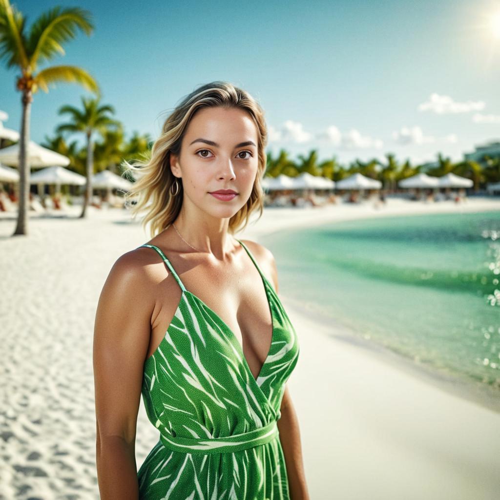 Confident Woman in Green Dress on Tropical Beach