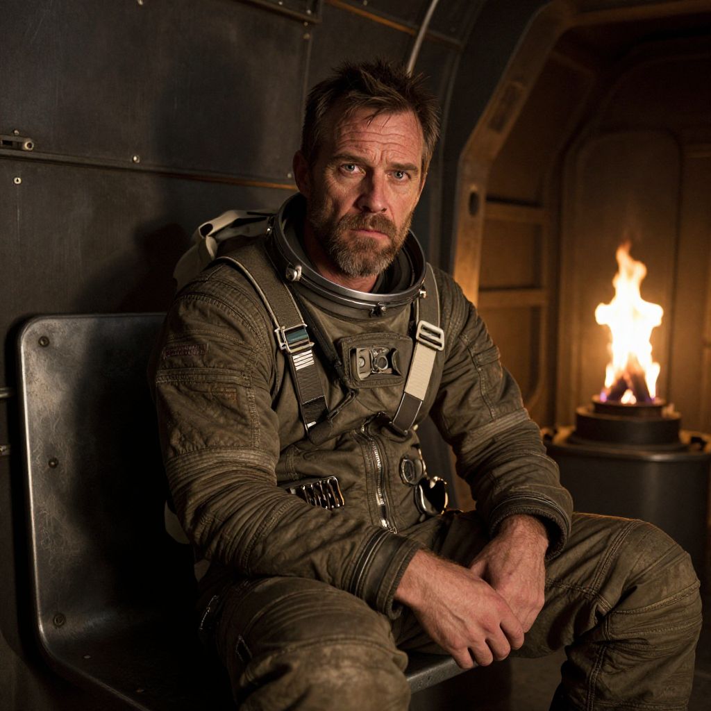 Man in Tactical Spacesuit Sitting in Industrial Spacecraft with Flame