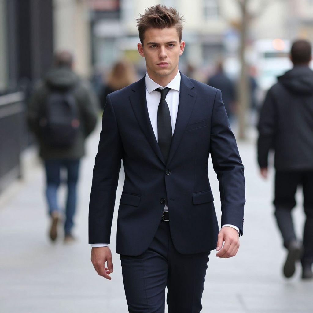 Young Man in Navy Blue Suit Walking in City Street