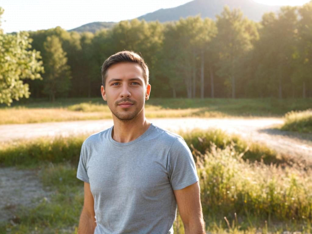 Man in Gray T-Shirt in Serene Outdoor Setting