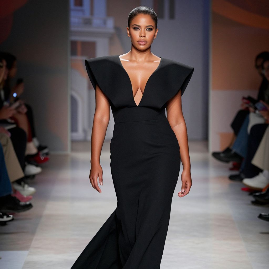 Elegant Black Evening Gown with Structured Shoulders on Runway