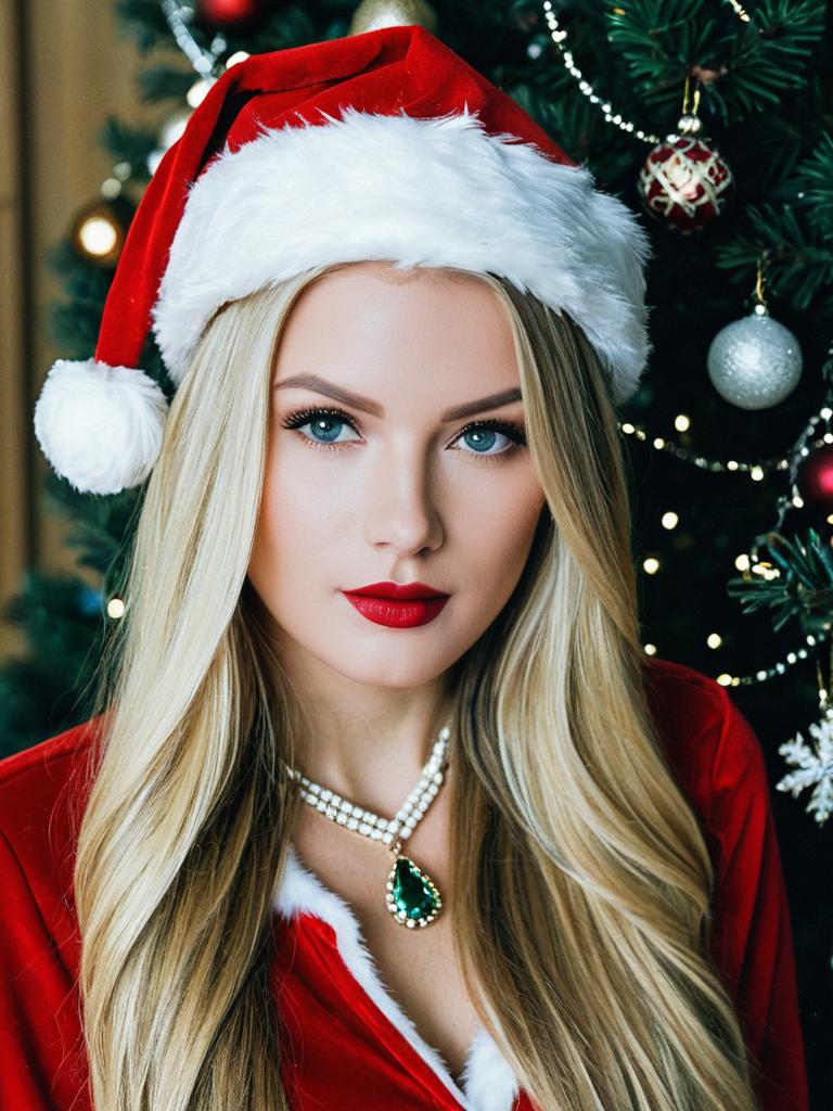 Blonde Woman in Santa Costume with Christmas Tree Background