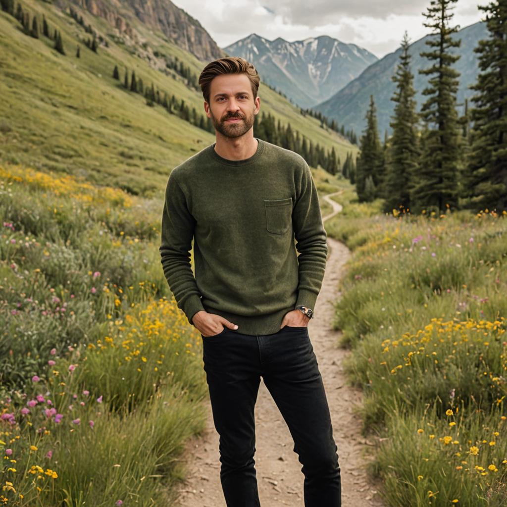 Man in Meadow with Trail