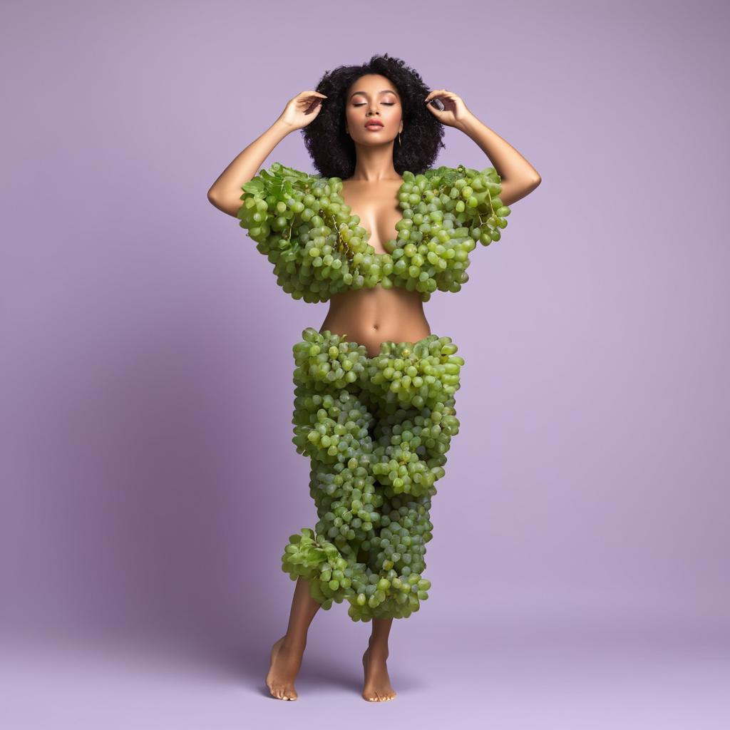 Woman in Grape Outfit Against Purple Background