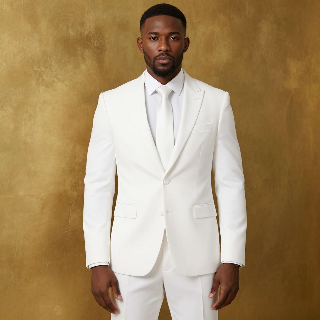Elegant Man in White Suit with Tie on Golden Background