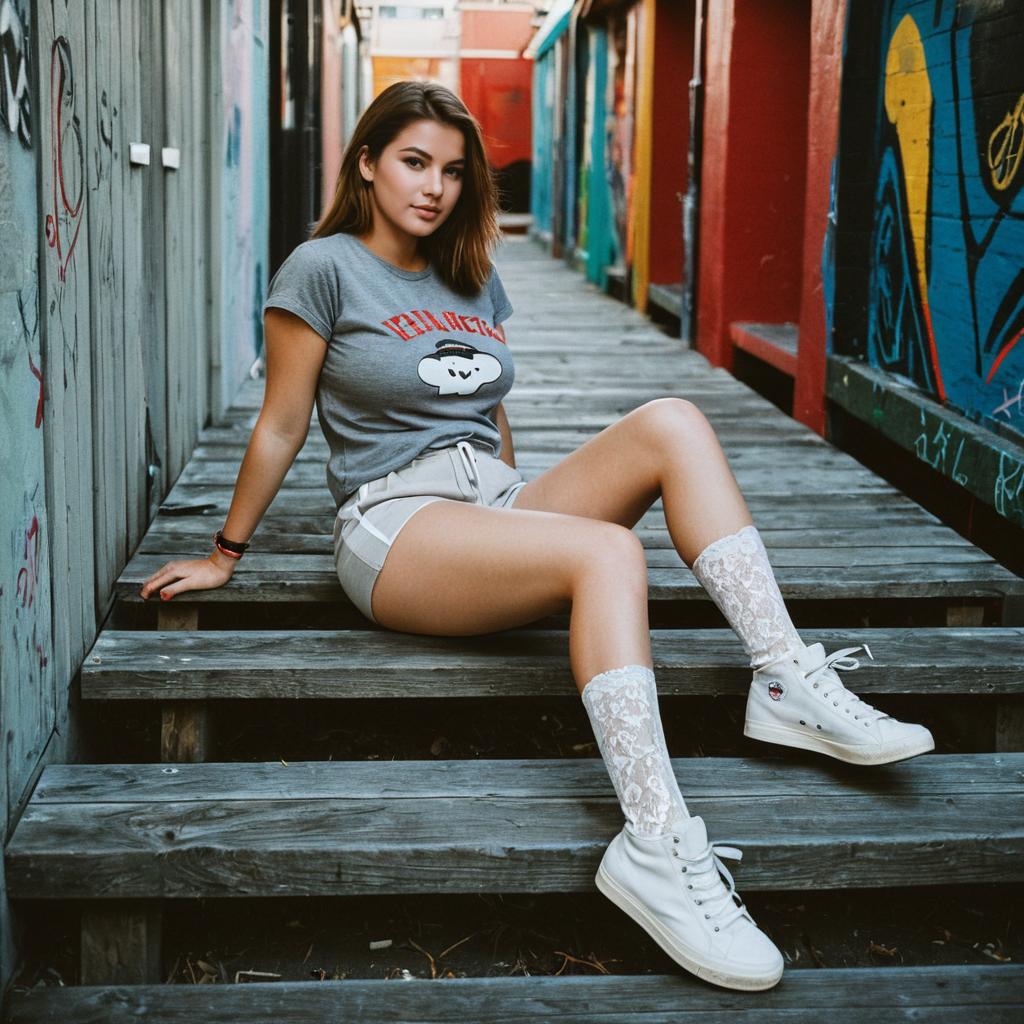 Casual Young Woman Sitting on Urban Graffiti Alley Stairs
