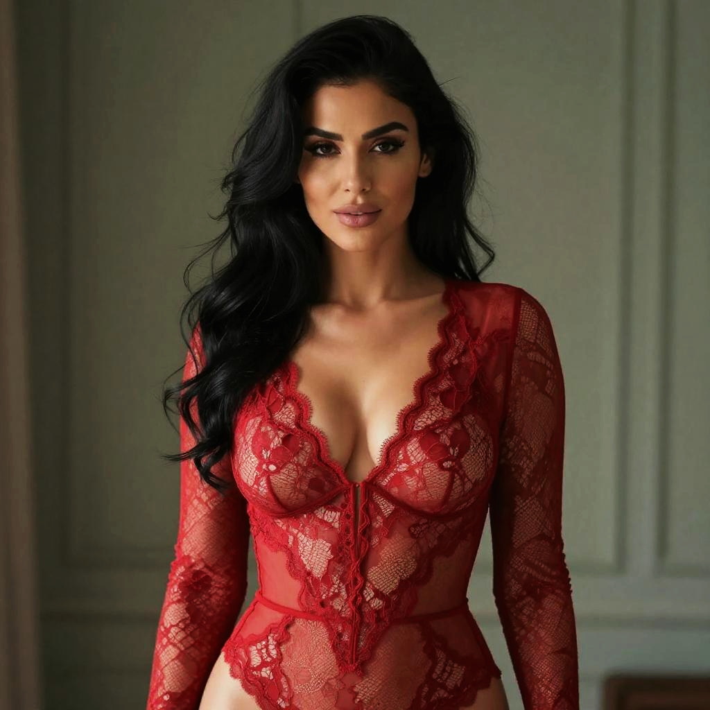 Elegant Woman in Red Lace Bodysuit Fashion Portrait