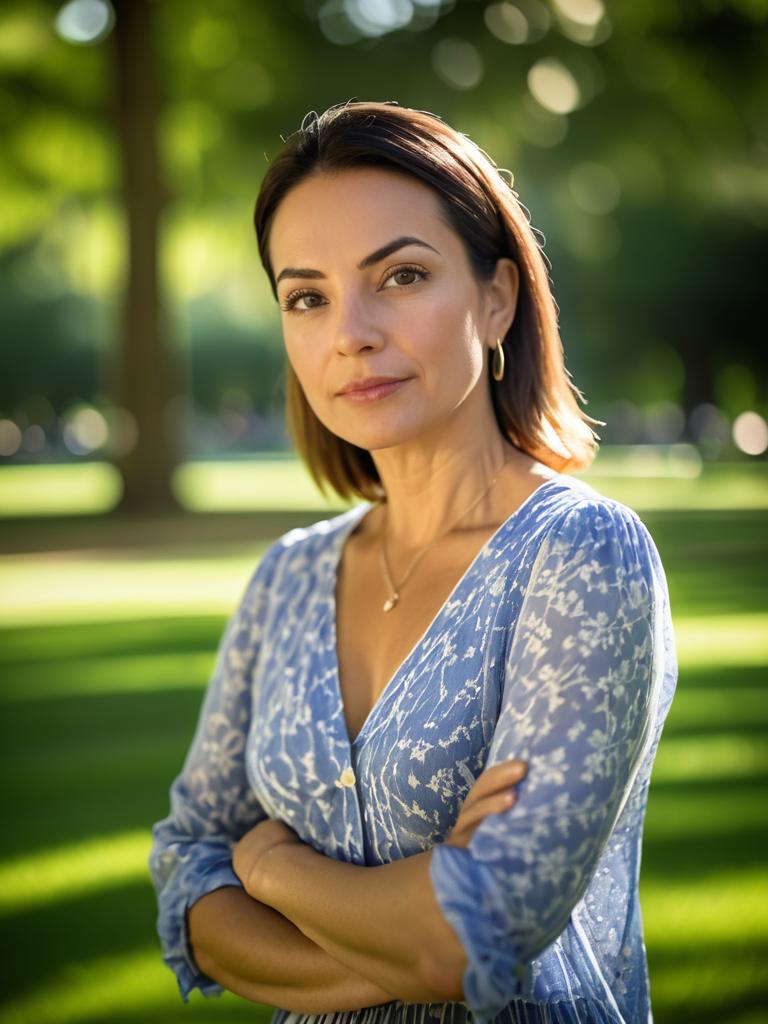 Confident Woman in Blue Dress in Sunlit Park