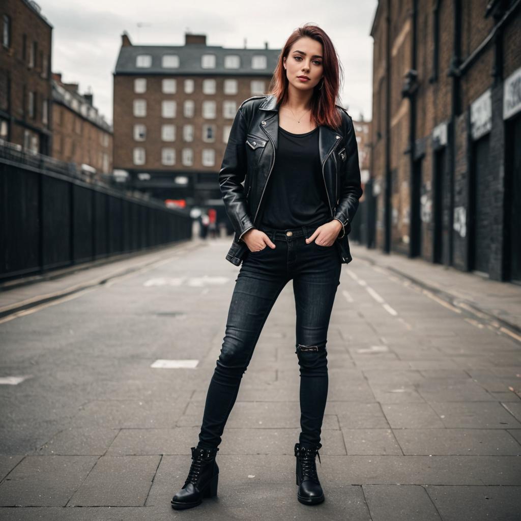 Edgy Woman in Skinny Jeans and Leather Jacket in London