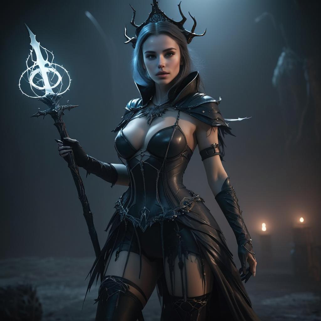 Dark Fantasy Woman Warrior with Glowing Staff in Gothic Armor