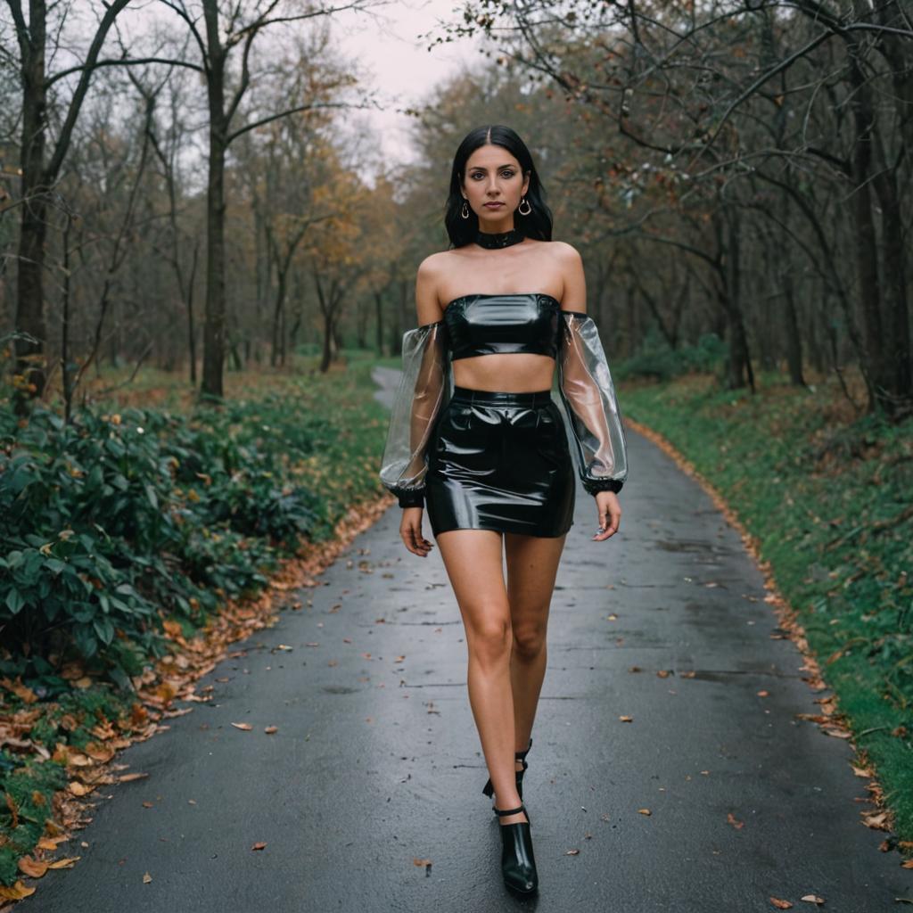 Confident Woman in Trendy Black Outfit Walking in Park