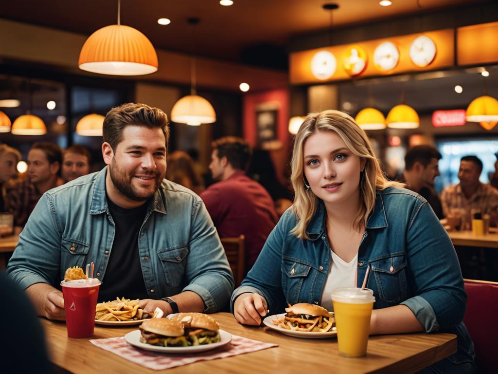 Couple Enjoying Burgers and Fries in Cozy Restaurant