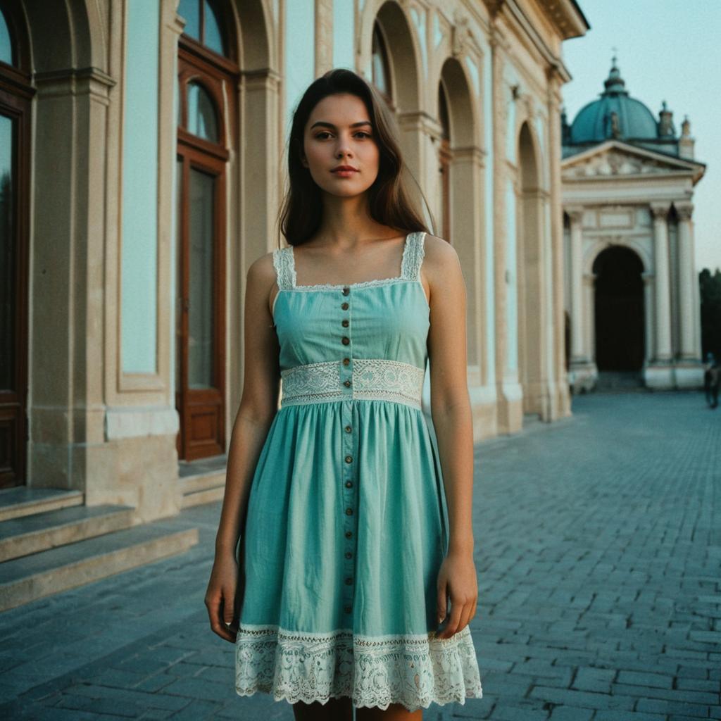 Young Woman in Vintage Lace Dress by Historic Classical Architecture