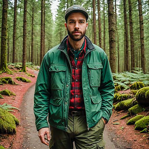 Man Exploring Forest Trail in Green Jacket and Plaid Shirt