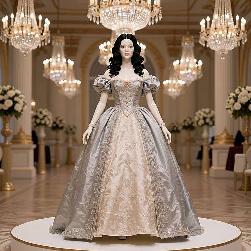 Elegant Woman in 18th Century Style Ball Gown in Luxurious Ballroom