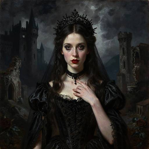 Gothic Victorian Woman in Black Dress with Crown and Ruined Castles