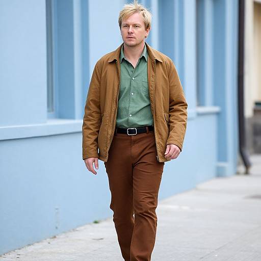 Blonde Man Walking in Casual Brown and Green Outfit on Urban Sidewalk