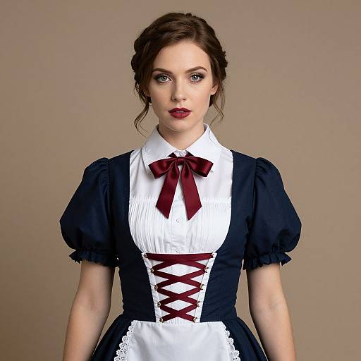 Young Woman in Traditional Bavarian Dirndl Dress with Burgundy Bow