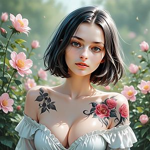 Digital Portrait of Woman with Floral Tattoos and Pink Blossoms
