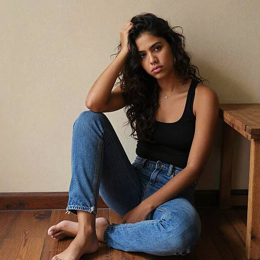 Young Woman in Black Tank Top and Blue Jeans Sitting on Wooden Floor Casual Gen Z Style