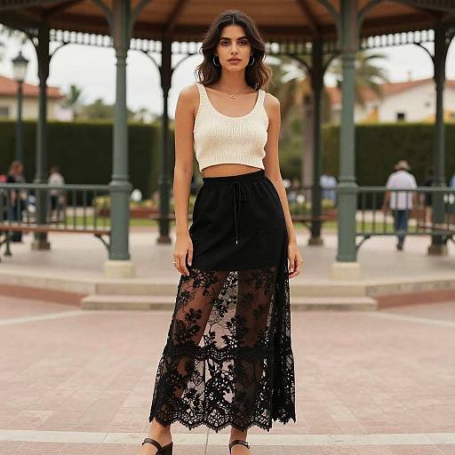 Bohemian Chic Woman Wearing Cream Cropped Knit Tank Top with Black Lace Skirt