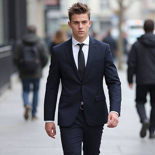 Young Man in Navy Blue Suit Walking in City Street