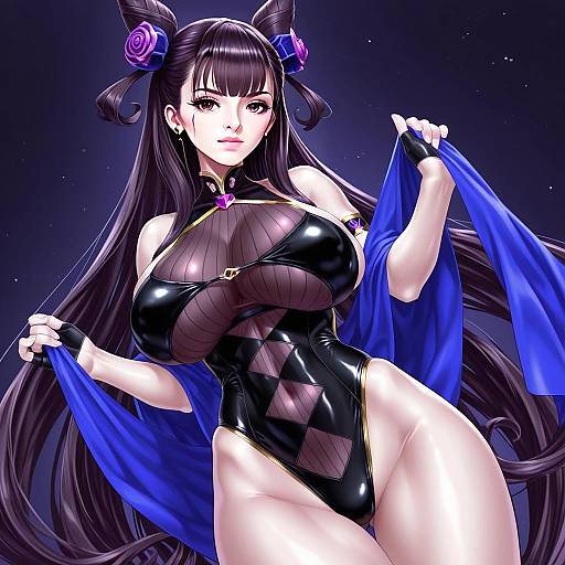 Murasaki Shikibu Woman in Black Swimsuit Blue Fabric Anime Illustration
