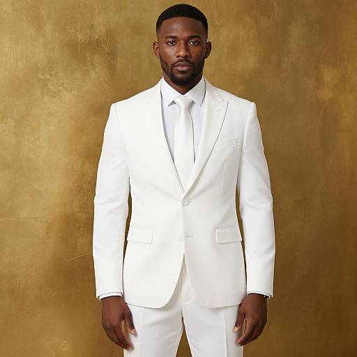 Elegant Man in White Suit with Tie on Golden Background