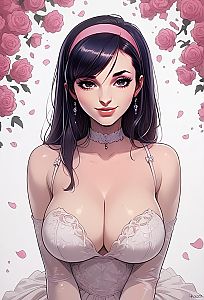 Anime Style Woman in White Lace Lingerie Surrounded by Roses
