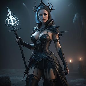 Dark Fantasy Woman Warrior with Glowing Staff in Gothic Armor