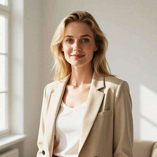 Confident Young Woman in Beige Blazer Natural Light Gen Z Portrait
