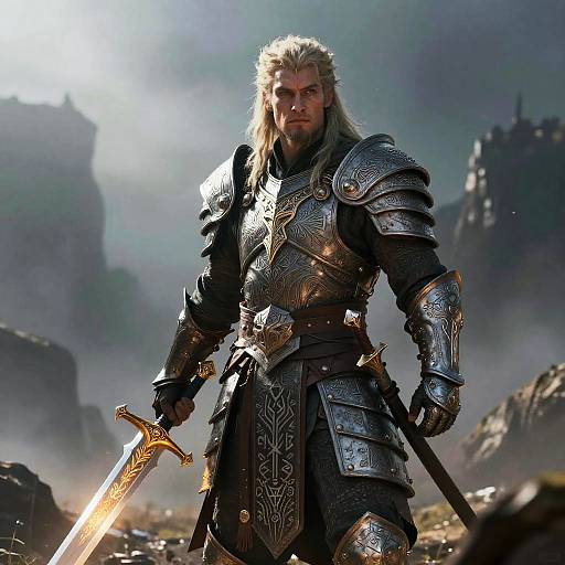 Epic Fantasy Warrior in Ornate Silver Armor Holding Glowing Sword