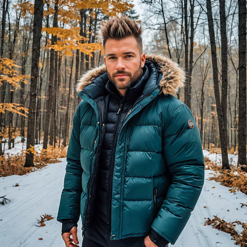 Man Wearing Teal Puffer Jacket in Snowy Autumn Forest
