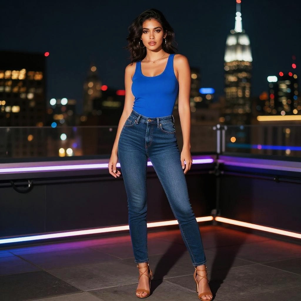 Slim Woman in Casual Chic Style Wearing Fitted Blue Tank Top and Skinny Jeans on Rooftop