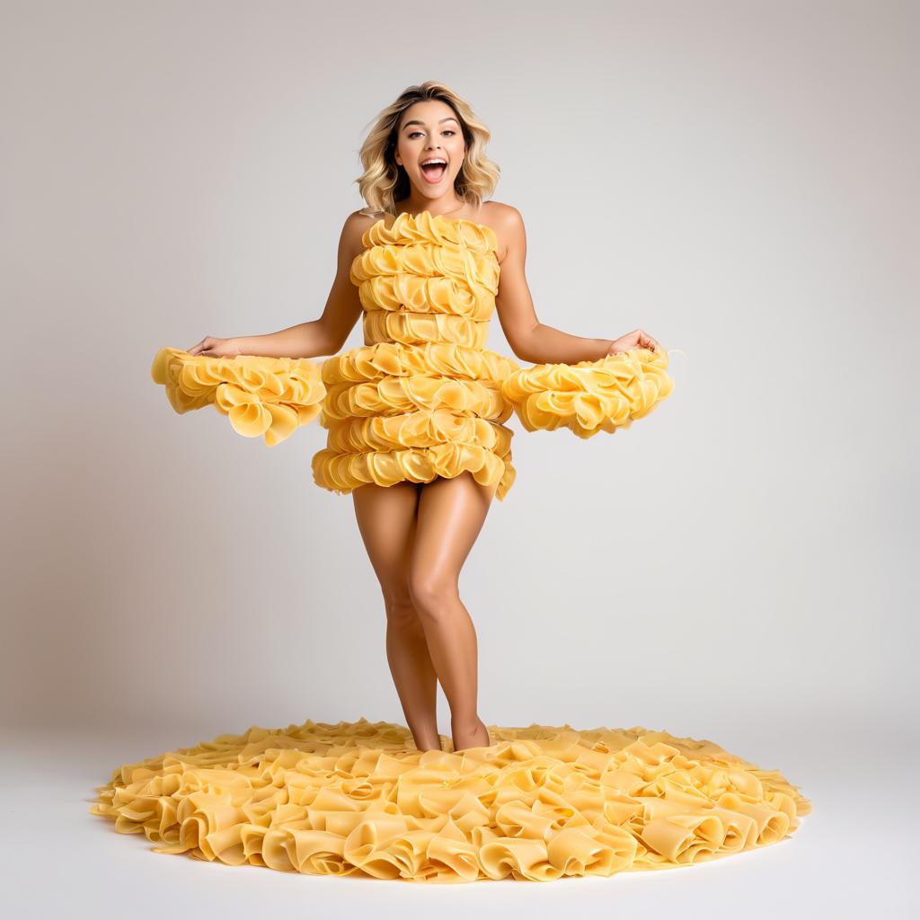 Joyful Woman in Yellow Ruffled Dress