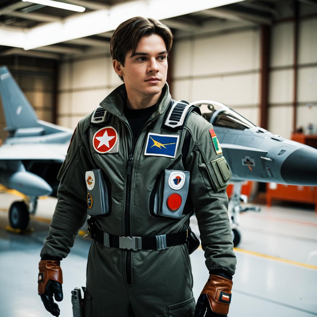Adult Fighter Jet Pilot Costume with Realistic Military Jet in Hangar Adult Fighter Jet Pilot Costume with Realistic Military Jet in Hangar