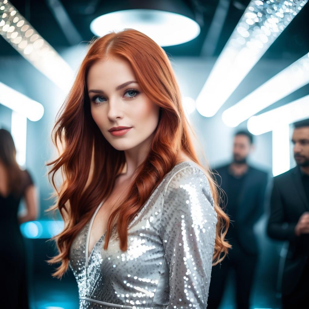 Glamorous Red-Haired Woman in Silver Sequin Dress at Modern Party