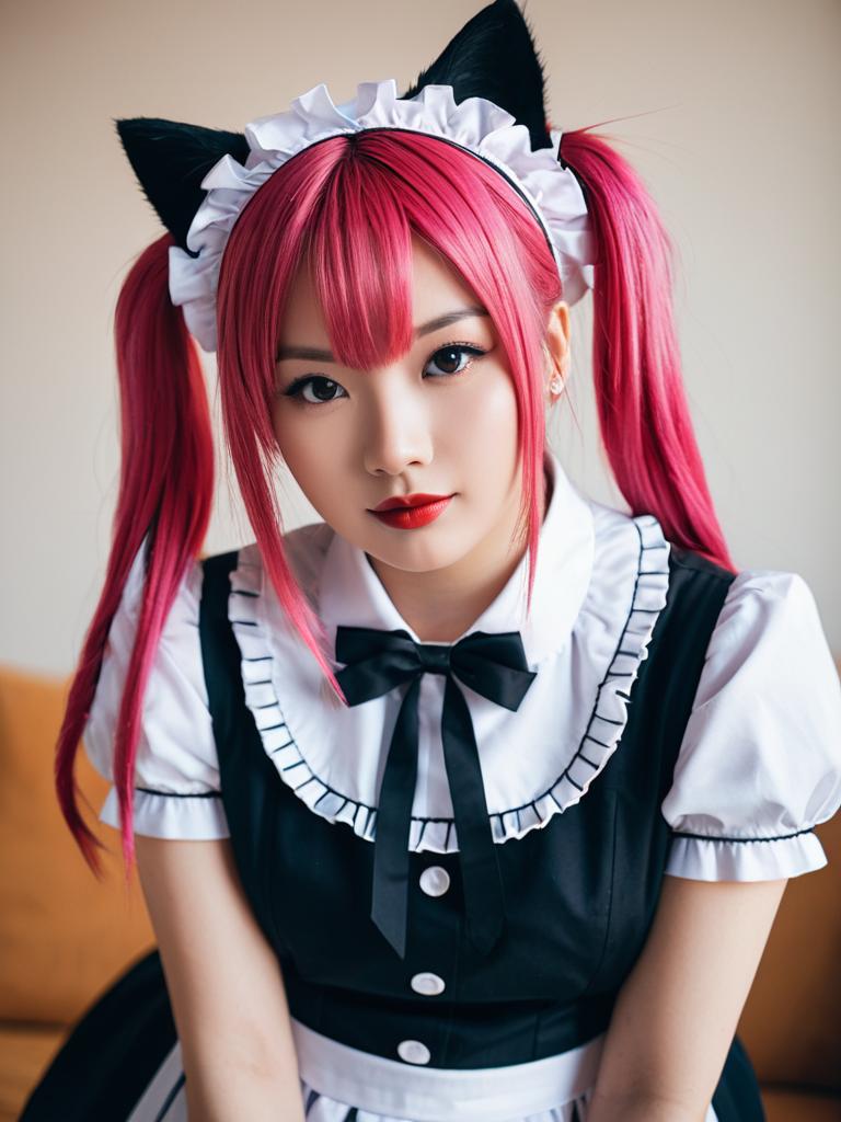 Realistic Cosplay Portrait of Woman in Cat Ear Maid Outfit with Pink Hair